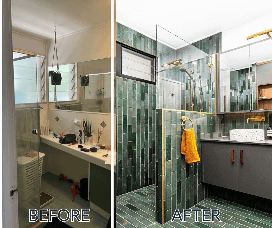 Before and after bathroom renovation in Brisbane. The 'before' image shows an outdated bathroom with white tiles, a cluttered countertop, and basic fixtures. The 'after' image highlights a modern transformation with green subway tiles, a walk-in shower with gold fixtures, and a floating vanity with dark grey cabinets and a terrazzo sink. The updated design includes mirrored cabinets, warm yellow accents, and a sleek contemporary look.